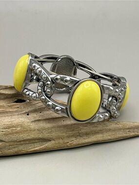 Vintage Style Silver Tone Yellow Cabochon Stretch Cuff Bracelet Y2K Chunky